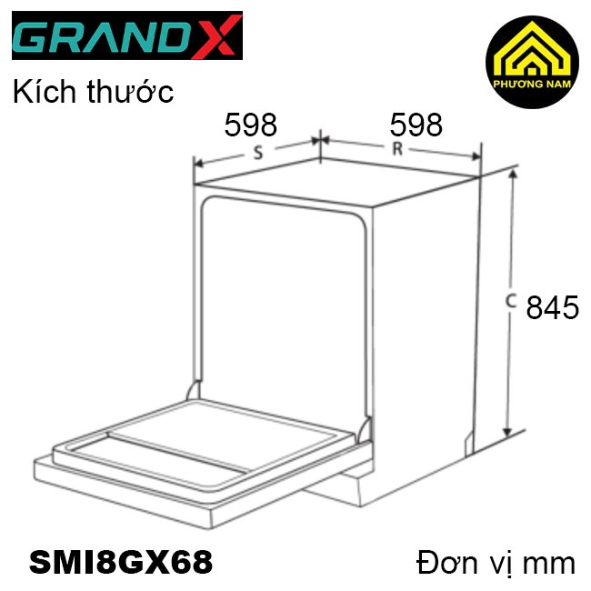 Kích thươc Máy rửa bát GRANDX SMI8GX68 serial 8+ nhập khẩu Thái Lan