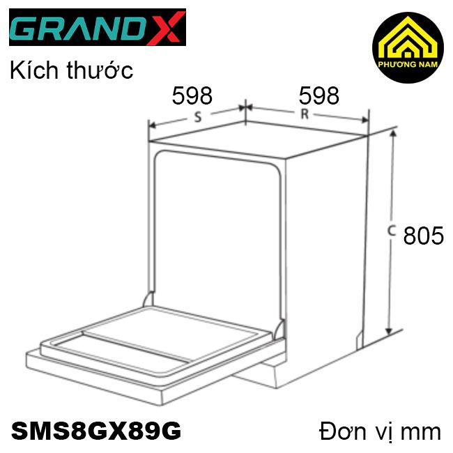 kích thước máy rửa bát GRANDX SMS8GX89G nhập khẩu Thái Lan