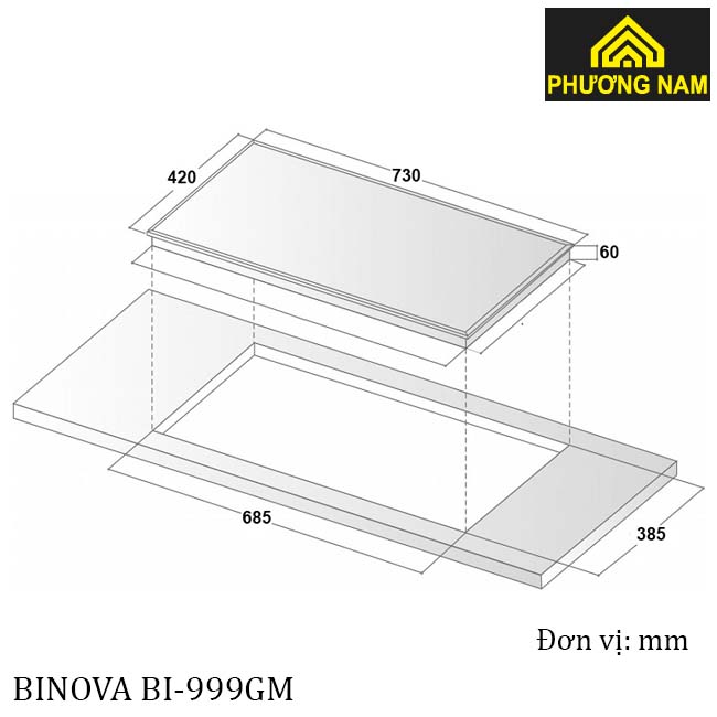 Kích thước lắp đặt bếp từ Binova BI-999GM