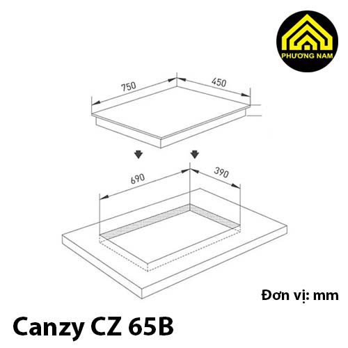 Kích thước lắp đặt bếp từ Canzy CZ 65B