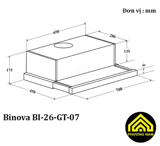 Kích thước lắp đặt máy hút và khử mùi Binova BI-26-GT-07