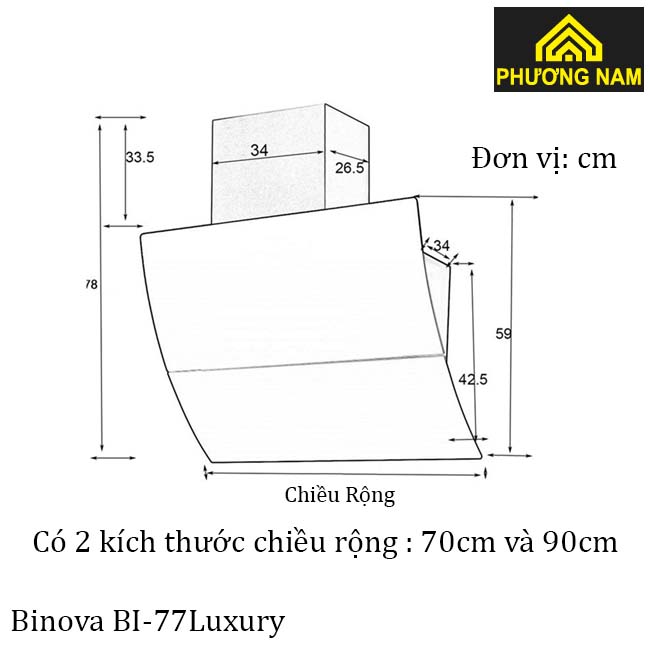 Kích thước lắp đặt máy hút và khử mùi Binova BI-77 Luxury