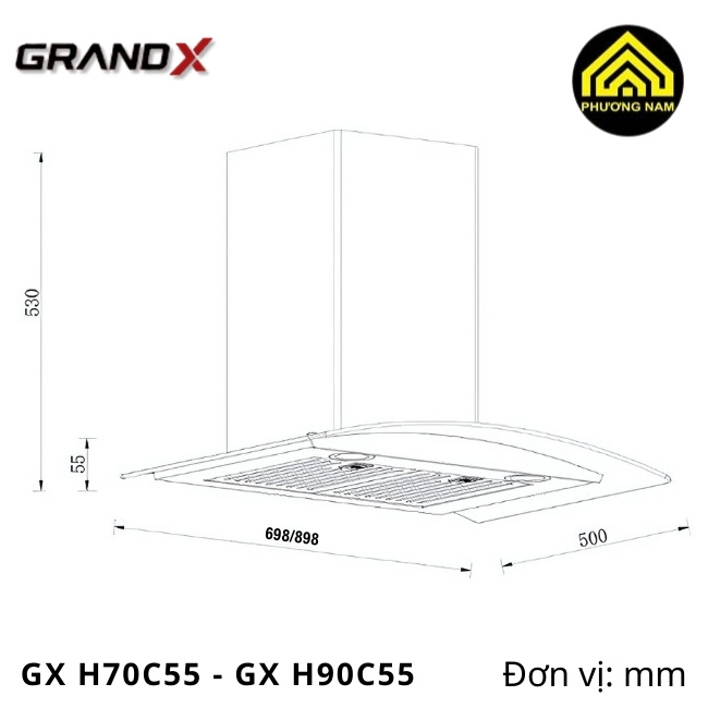 kích thước hút mùi kính vát GRANDX GX H70C55 - GX H90C55 nhập khẩu Malaysia
