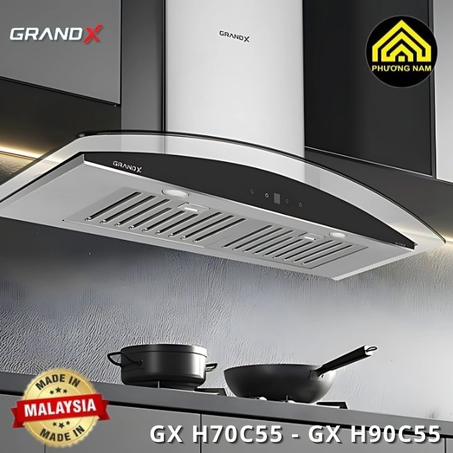 Hút mùi kính vát GRANDX GX H70C55 - GX H90C55 nhập khẩu Malaysia giá tốt
