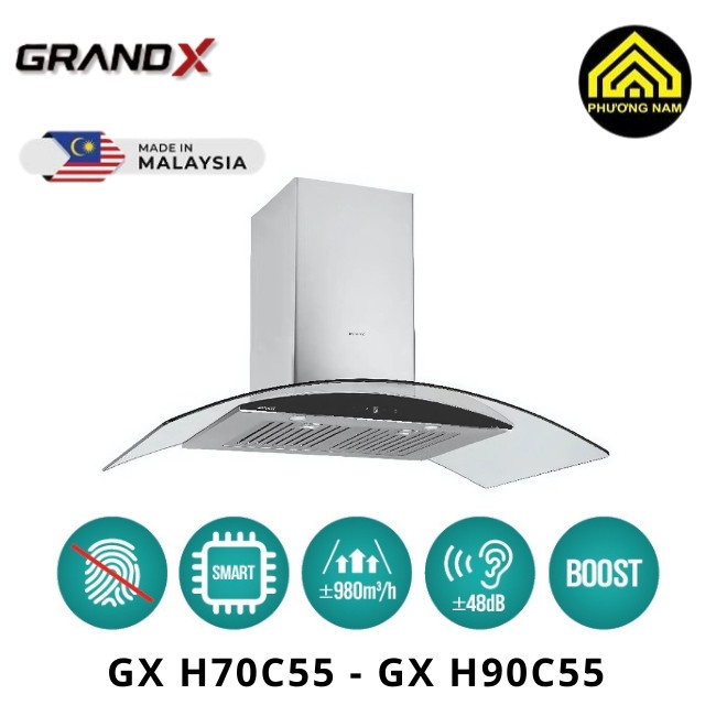 Hút mùi kính vát GRANDX GX H70C55 - GX H90C55 nhập khẩu Malaysia hiện đại tiện nghi