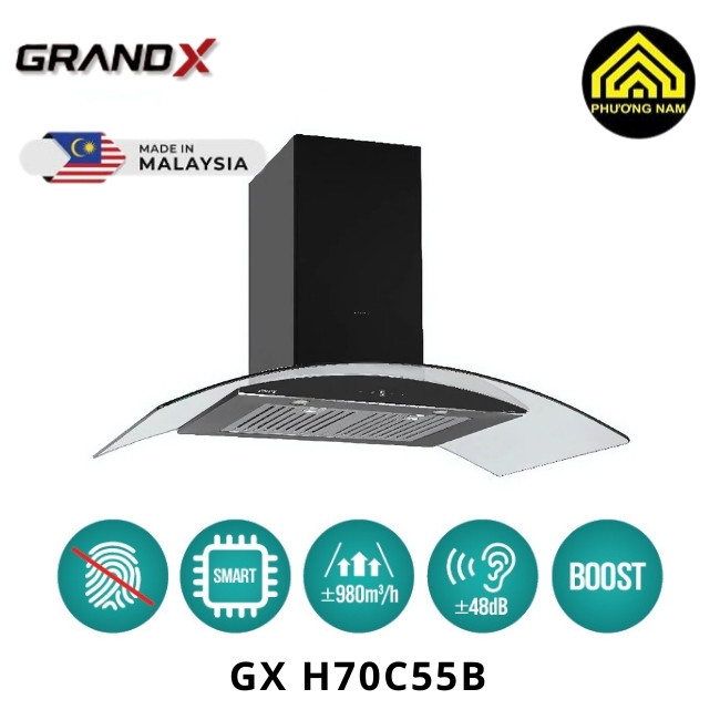 Hút mùi kính cong GRANDX GX H70F55B nhập khẩu Malaysia hiện đại tiện nghi