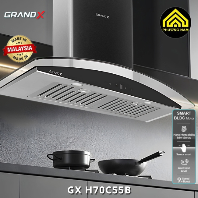 Hút mùi kính cong GRANDX GX H70F55B nhập khẩu Malaysia giá tốt