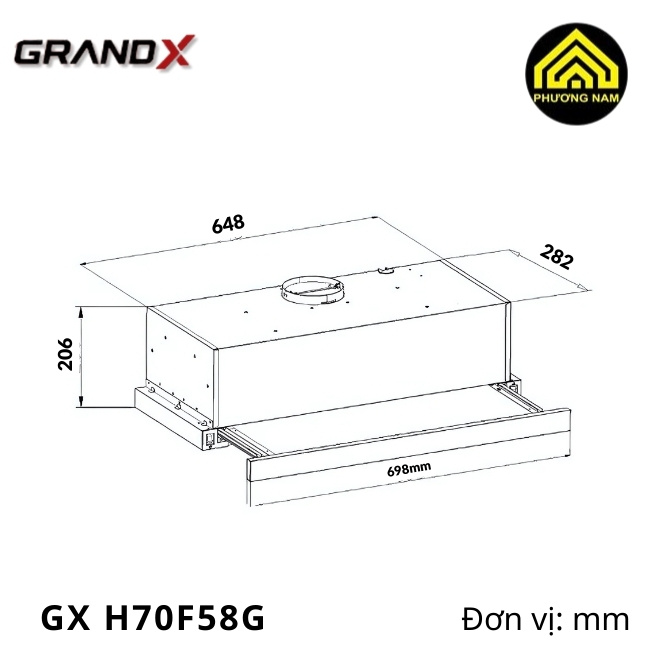 kích thước hút mùi kính vát GRANDX GX H70F58G nhập khẩu Malaysia