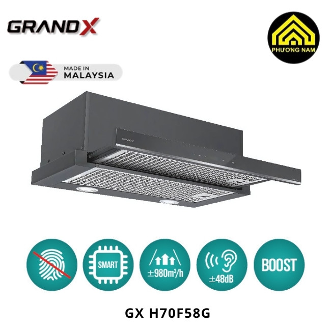 Hút mùi kính vát GRANDX GX H70F58G nhập khẩu Malaysia hiện đại tiện nghi