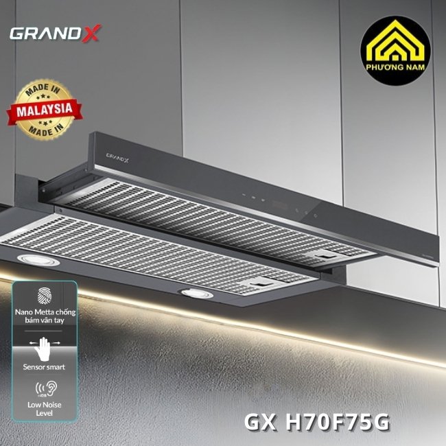 Hút mùi kính vát GRANDX GX H70F58G nhập khẩu Malaysia giá tốt