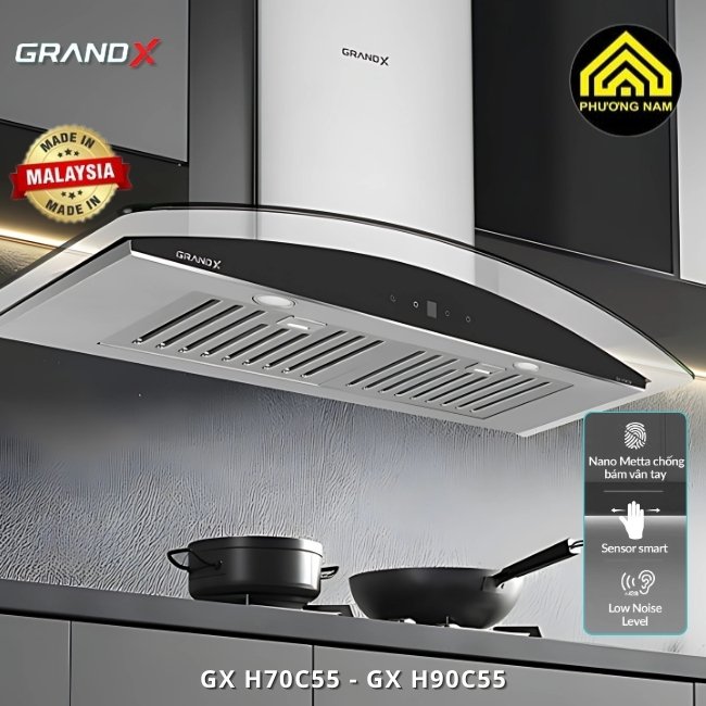 Hút mùi kính vát GRANDX GX H70C55 - GX H90C55 nhập khẩu Malaysia