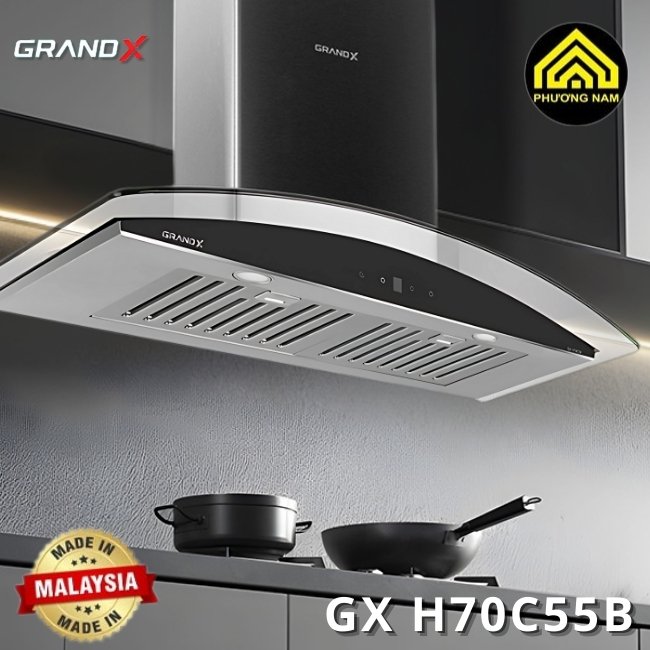 Hút mùi kính cong GRANDX GX H70F55B nhập khẩu Malaysia