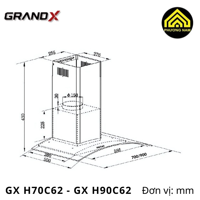 kích thước hút mùi kính vát GRANDX GX H70C62 - GX H90C62 nhập khẩu Malaysia