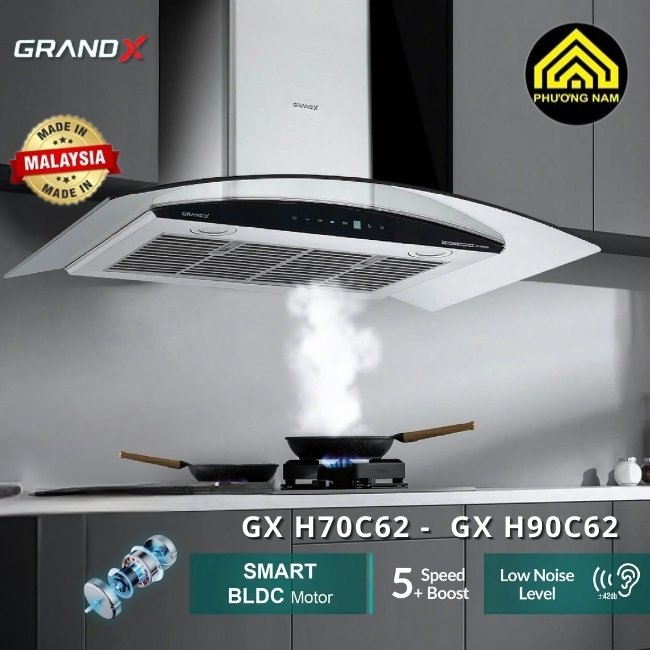 Hút mùi kính vát GRANDX GX H70C62 - GX H90C62 nhập khẩu Malaysia