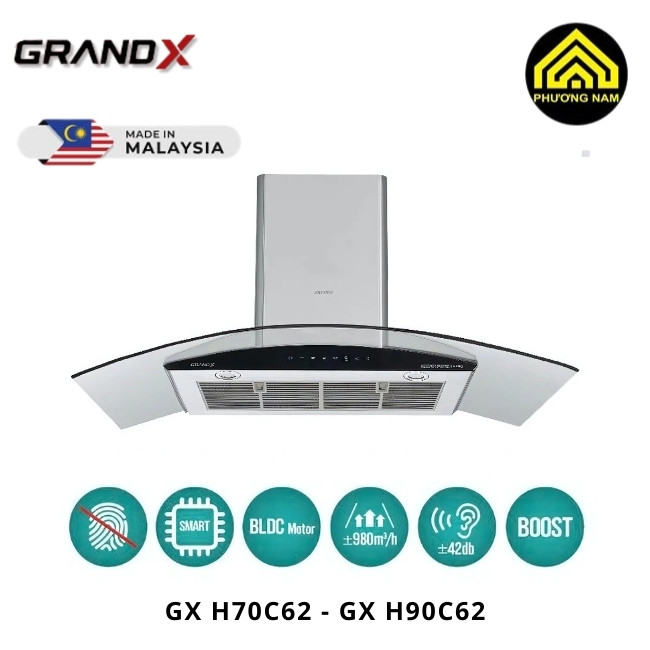 Hút mùi kính vát GRANDX GX H70C62 - GX H90C62 nhập khẩu Malaysia hiện đại tiện nghi
