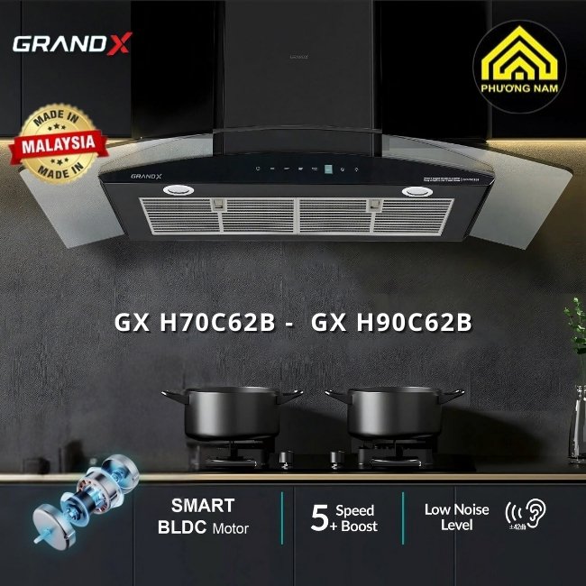 Hút mùi kính vát GRANDX GX H70C62B - GX H90C62B nhập khẩu Malaysia