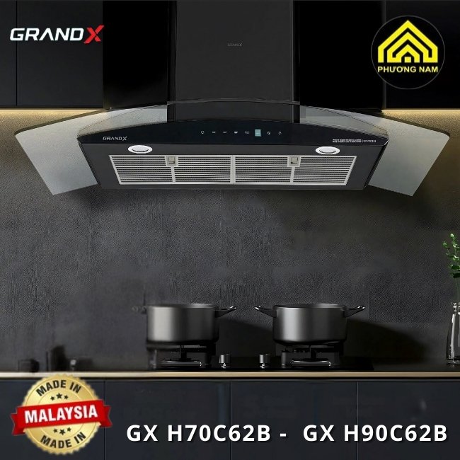 Hút mùi kính vát GRANDX GX H70C62B - GX H90C62B nhập khẩu Malaysia hiện đại tiện nghi