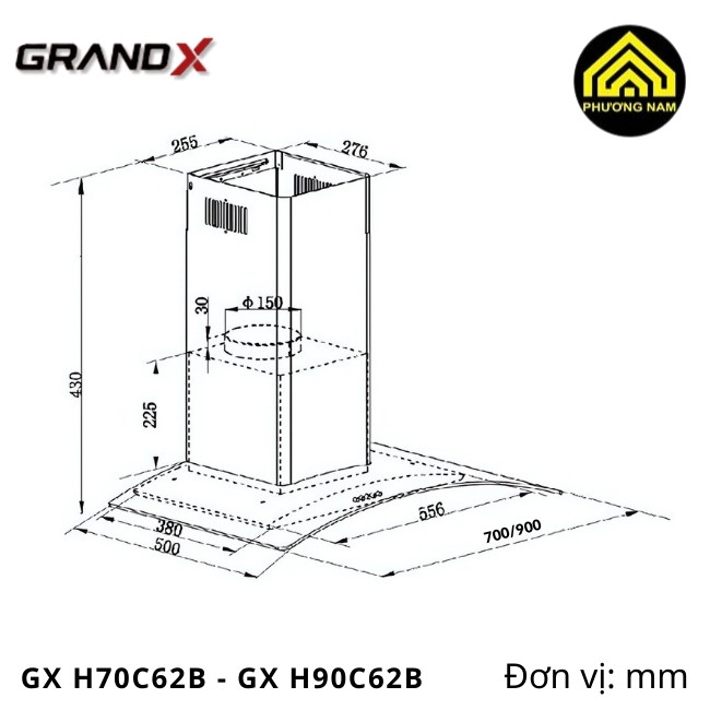 kích thước hút mùi kính vát GRANDX GX H70C62B - GX H90C62B nhập khẩu Malaysia