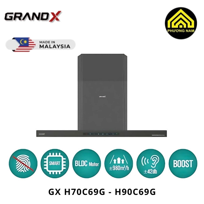 Hút mùi kính vát GRANDX GX H70C69G - GX H90C69G nhập khẩu Malaysia hiện đại tiện nghi