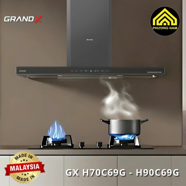 Hút mùi kính vát GRANDX GX H70C69G - GX H90C69G nhập khẩu Malaysia