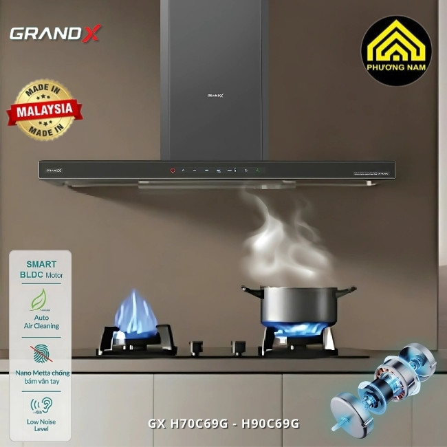 Hút mùi kính vát GRANDX GX H70C69G - GX H90C69G nhập khẩu Malaysia giá tốt