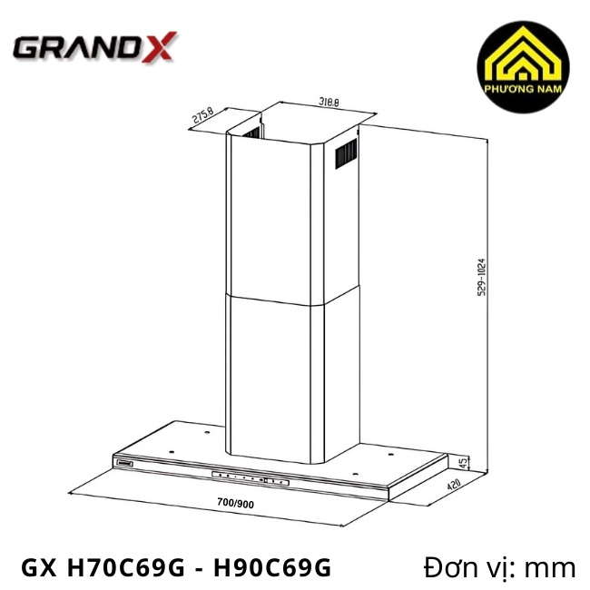 kích thước hút mùi kính vát GRANDX GX H70C69G - GX H90C69G nhập khẩu Malaysia