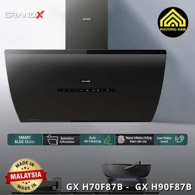 Hút mùi kính vát GRANDX GX H70F87B - GX H90F87B nhập khẩu Malaysia