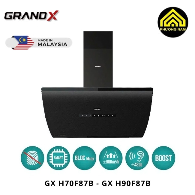 Hút mùi kính vát GRANDX GX H70F87B - GX H90F87B nhập khẩu Malaysia hiện đại tiện nghi