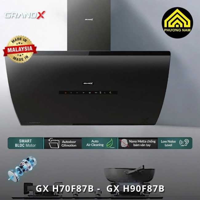 Hút mùi kính vát GRANDX GX H70F87B - GX H90F87B nhập khẩu Malaysia giá tốt