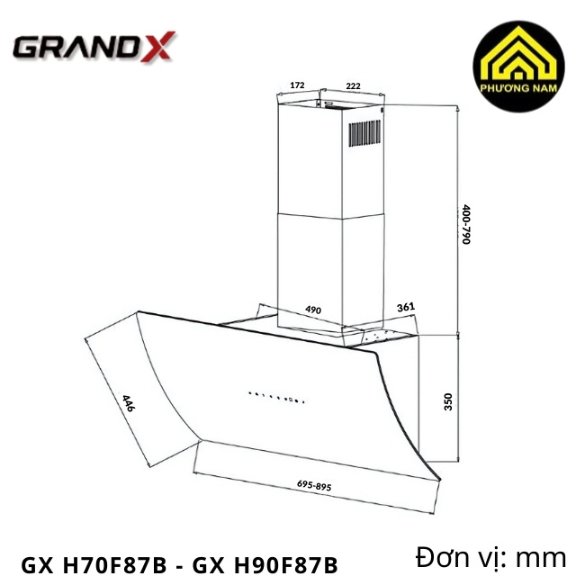 kích thước hút mùi kính vát GRANDX GX H70F87B - GX H90F87B nhập khẩu Malaysia