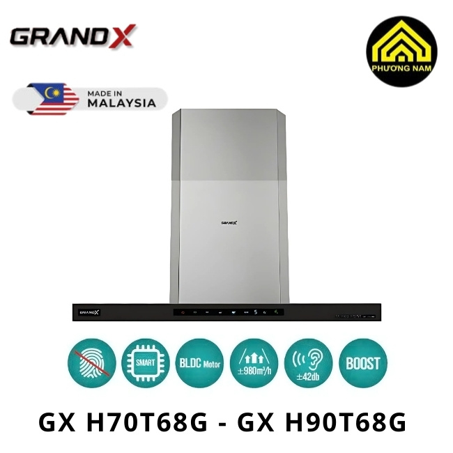 Hút mùi kính vát GRANDX GX H70T68B - GX H90T68B nhập khẩu Malaysia hiện đại tiện nghi