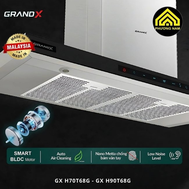 Hút mùi kính vát GRANDX GX H70T68B - GX H90T68B nhập khẩu Malaysia