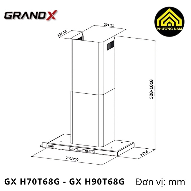 kích thước hút mùi kính vát GRANDX GX H70T68B - GX H90T68B nhập khẩu Malaysia