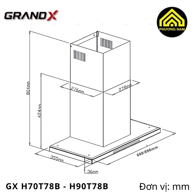 kích thước hút mùi kính vát GRANDX GX H70T78B - GX H90T78B nhập khẩu Malaysia