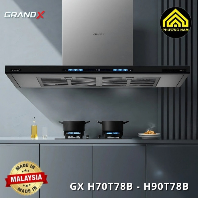 Hút mùi kính vát GRANDX GX H70T78B - GX H90T78B nhập khẩu Malaysia