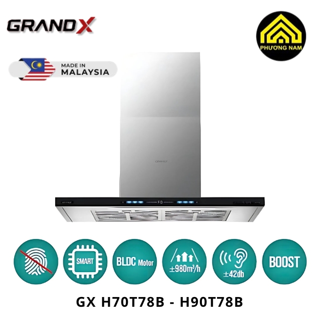 Hút mùi kính vát GRANDX GX H70T78B - GX H90T78B nhập khẩu Malaysia hiện đại tiện nghi