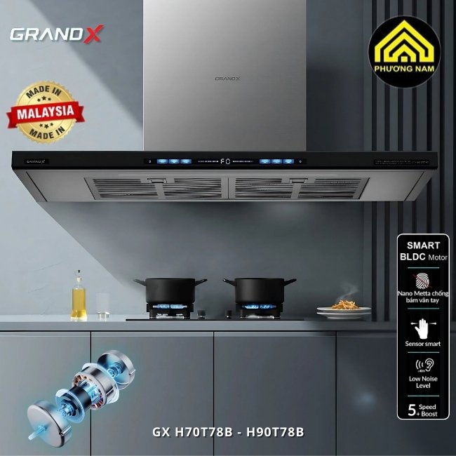Hút mùi kính vát GRANDX GX H70T78B - GX H90T78B nhập khẩu Malaysia giá tốt