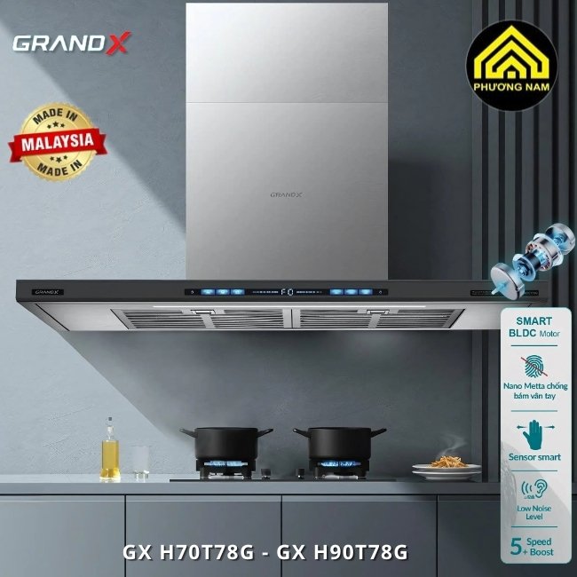 Hút mùi kính vát GRANDX GX H70T78G - GX H90T78G nhập khẩu Malaysia