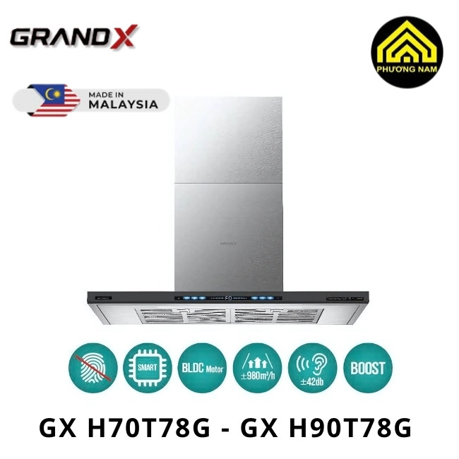 Hút mùi kính vát GRANDX GX H70T78G - GX H90T78G nhập khẩu Malaysia hiện đại tiện nghi