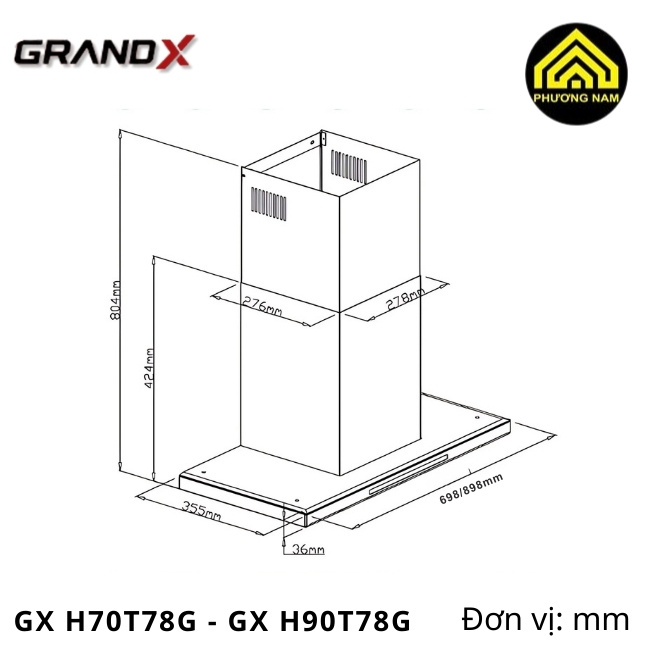 kích thước hút mùi kính vát GRANDX GX H70T78G - GX H90T78G nhập khẩu Malaysia