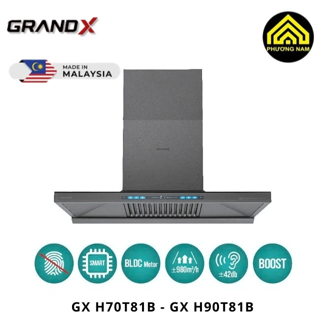 Hút mùi kính vát GRANDX GX H70T81B - GX H90T81B nhập khẩu Malaysia hiện đại tiện nghi