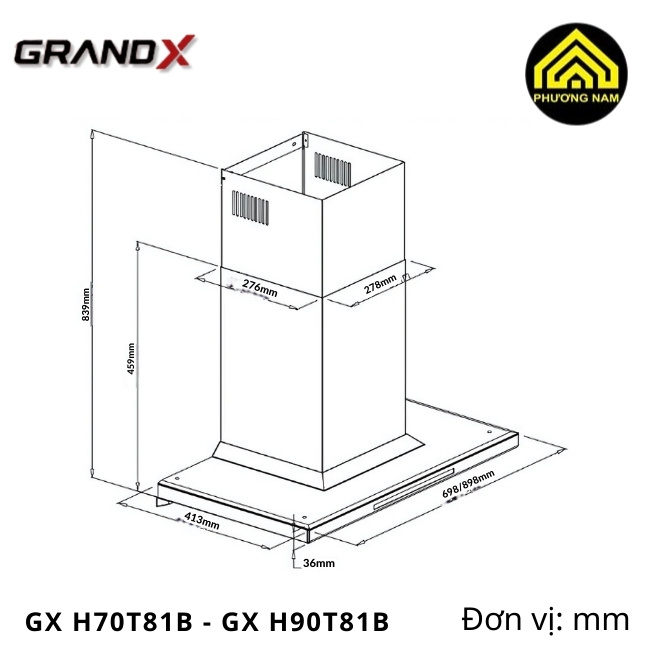 kích thước hút mùi kính vát GRANDX GX H70T81B - GX H90T81B nhập khẩu Malaysia