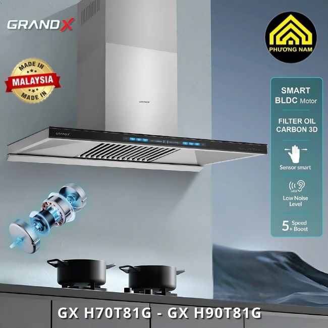 Hút mùi kính vát GRANDX GX H70T81G - GX H90T81G nhập khẩu Malaysia giá tốt