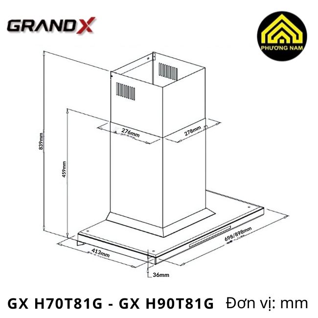 kích thước hút mùi kính vát GRANDX GX H70T81G - GX H90T81G nhập khẩu Malaysia