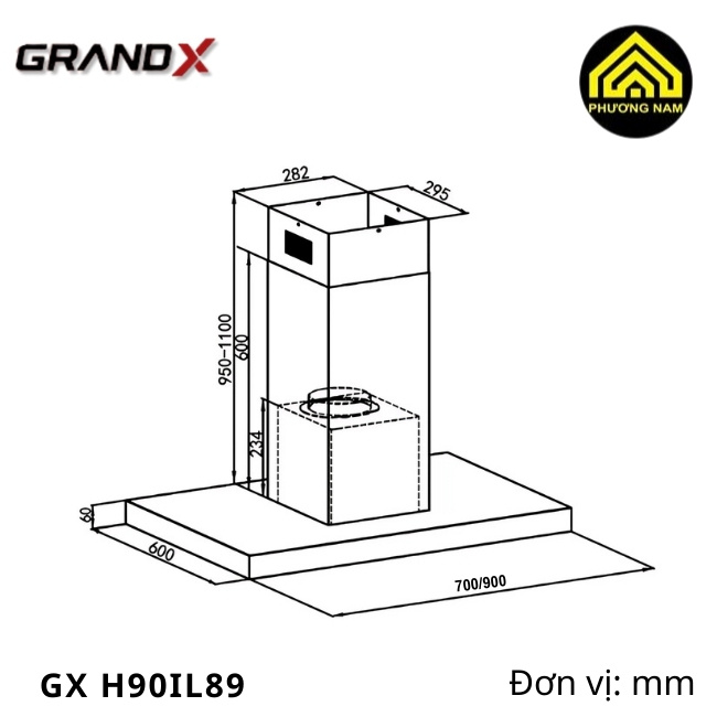 kich thước hút mùi chữ T GRANDX GX H901L89 nhập khẩu Malaysia