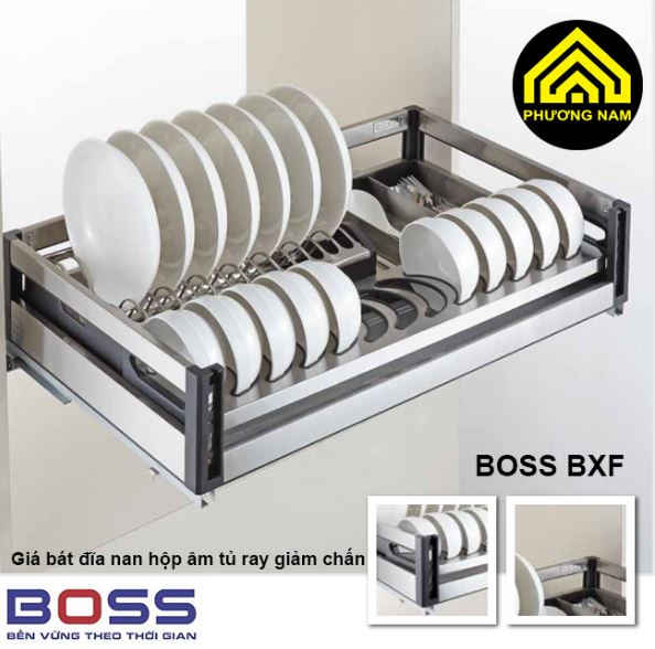 Giá bát đĩa inox âm tủ nan hộp ray giảm chấn Boss BXF thiết kế sang trọng
