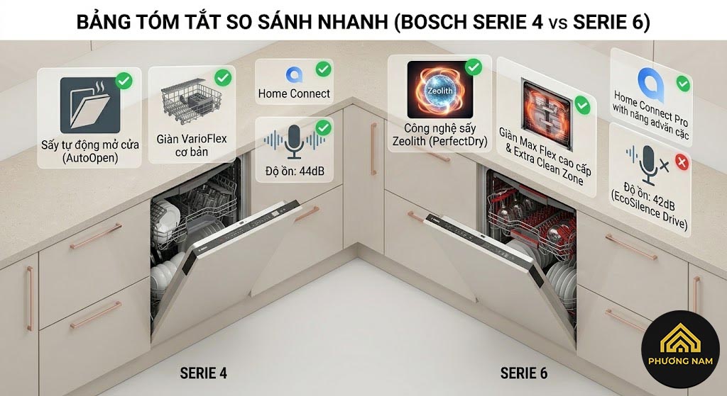 Bảng tóm tắt so sánh nhanh máy rửa bát Bosch Serie 4 và Serie 6
